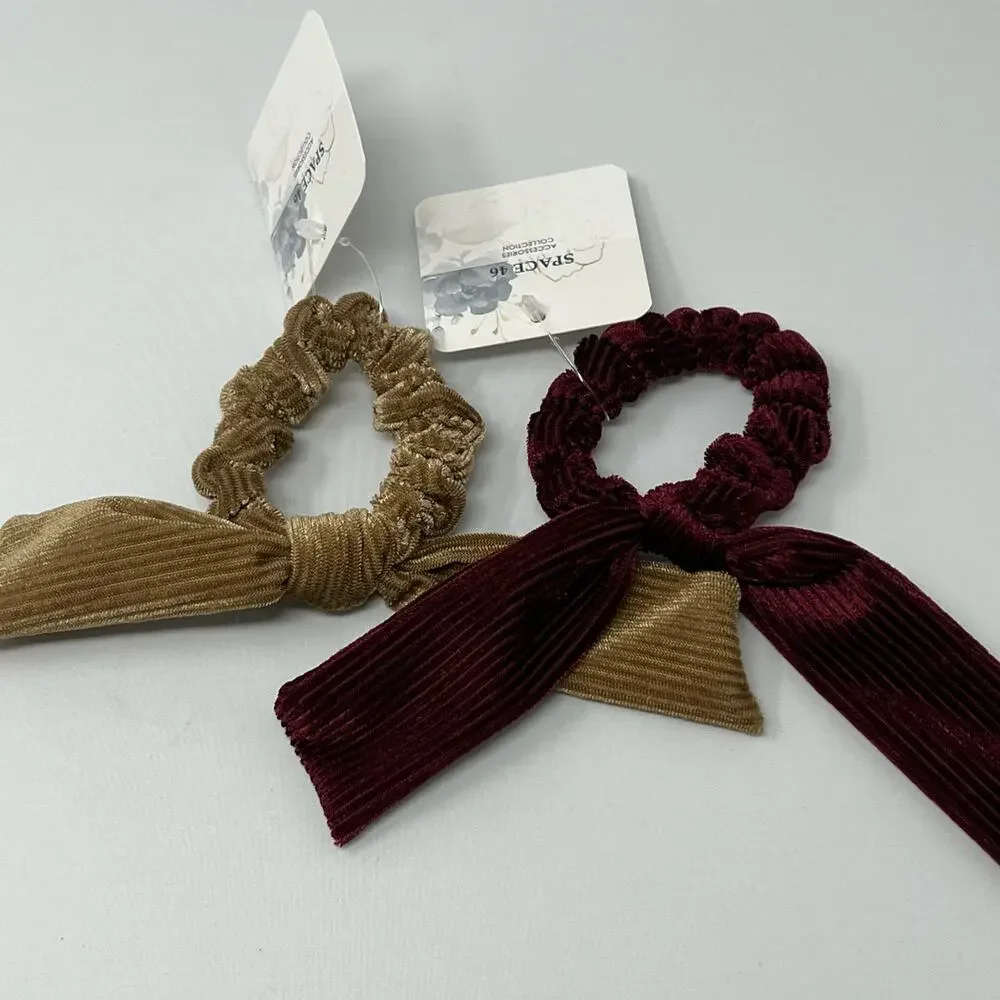 Space 46 Ribbed Velvet Earthy Neutral Burgundy Tan Hair Tie Bow Scrunchies